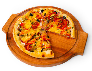 Image showing cheese appetizing tray close pizza with wooden up white backgrou