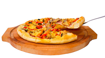 Image showing Appetizing pizza with cheese on cut piece of a wooden tray close