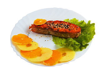 Image showing plate fish tasty boiled salad isolated on white background clipp