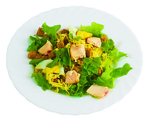 Image showing cheese sausage bread salad isolated on a white background clippi