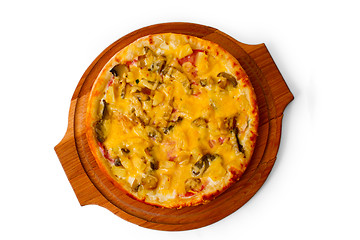 Image showing baked pizza fast a dinner crust italian mushrooms food cheese is