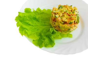 Image showing lettuce and cucumbers tomatoes mayonnaise apple isolated on whit
