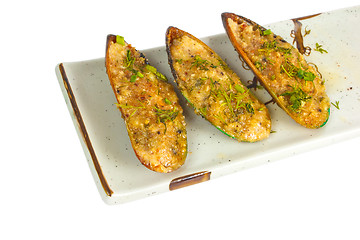 Image showing mussels and fried food isolated a on white background clipping p