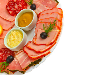 Image showing sliced smoked ham sausage appetizer with mustard, horseradish an