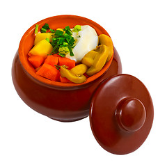 Image showing stewed potatoes with meat, mushrooms and carrots and onions in c