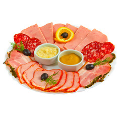 Image showing sliced smoked ham sausage appetizer with mustard, horseradish an