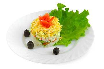 Image showing fresh salad with olives, rice, egg cucumbers and tomatoes on whi