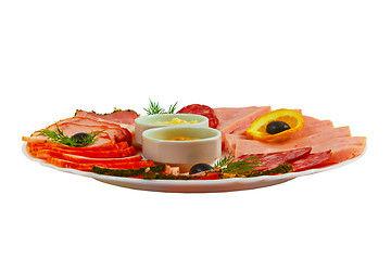Image showing sausage food sliced ham mustard isolated plate on white backgrou