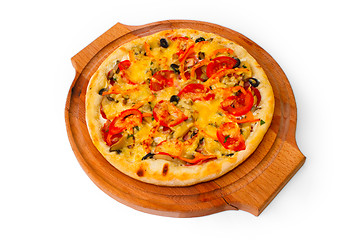 Image showing Appetizing pizza with wooden tray cheese close up white backgrou