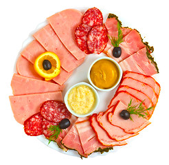 Image showing sausage sliced?? mustard isolated plate isolated a on white 
