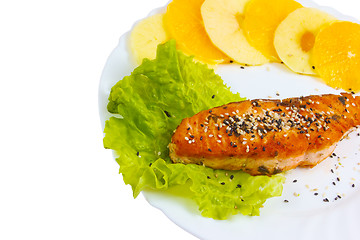 Image showing fish boiled and salad plate isolated on white background clippin