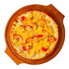 Image showing Appetizing pizza with cheese on wooden tray isolated