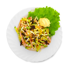 Image showing Fresh Shrimp salad with olives and cream isolated on white backg