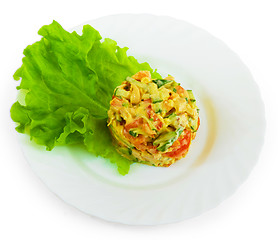 Image showing lettuce tasty cucumbers tomatoes mayonnaise apple isolated on wh