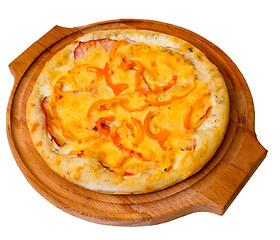 Image showing cheese appetizing pizza on wooden tray isolated white backgro
