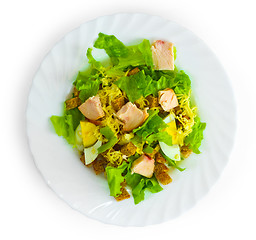 Image showing cheese sausage bread salad isolated on a white background