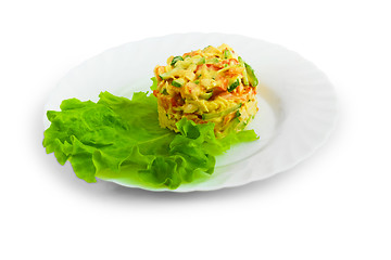Image showing lettuce a cucumbers tomatoes mayonnaise apple isolated on white