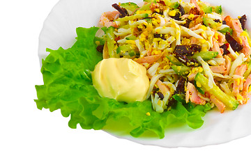Image showing Fresh Shrimp close up salad with olives and cream on a white bac