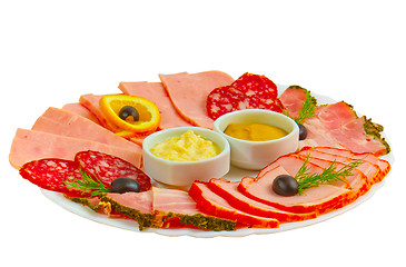 Image showing sausage and sliced ham mustard isolated plate isolated a on whit