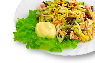 Image showing Fresh Shrimp close up salad with olives and cream on a white bac