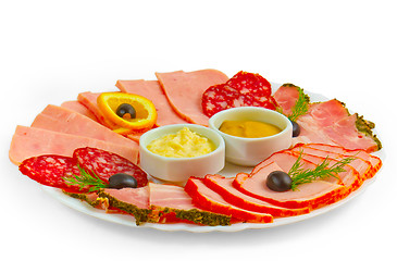 Image showing sausage and sliced ham mustard isolated plate isolated a on whit