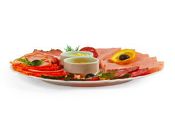 Image showing sausage food sliced ham mustard isolated plate on white backgrou