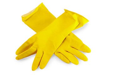 Image showing yellow rubber gloves for washing dishes on a white background