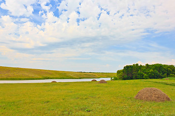 Image showing field landscape with river and hay