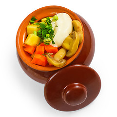 Image showing potatoes pot and mushrooms isolated carrot isolated on white bac