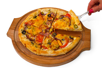 Image showing pizza tasty mushrooms cheese on wooden tray close up white backg