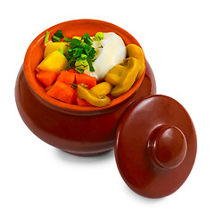 Image showing stewed potatoes with meat, mushrooms and carrots and onions in c