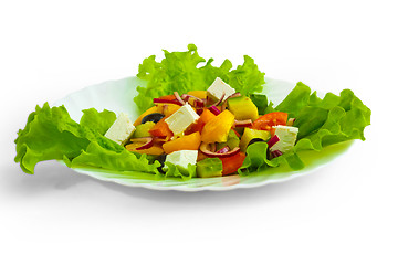 Image showing cheese cucumber tomato sheet plate isolated on a white backgroun