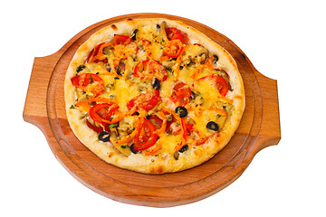 Image showing Appetizing pizza with cheese on wooden tray close up