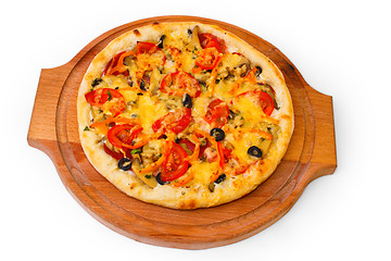 Image showing Appetizing pizza with cheese wooden tray close up on white ba