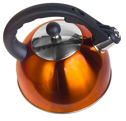 Image showing orange iron teapot yellow kettle kitchen isolated on white backg