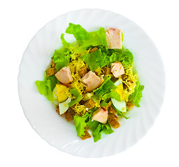 Image showing cheese sausage bread salad isolated on a white background clippi