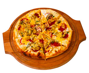 Image showing tasty mushrooms pizza with cheese on wooden tray close up white 