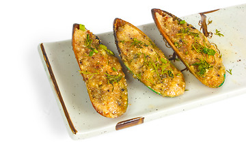 Image showing mussels and fried food isolated a on white background