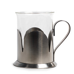 Image showing empty glass cup-holder in an iron stand isolated