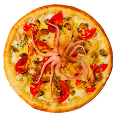 Image showing Pizza tasty seafood octopus on white background (clipping path)