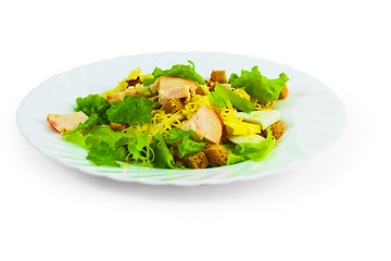 Image showing cheese tasty sausage bread salad isolated white background