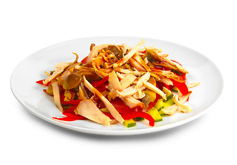 Image showing salad appetizer sliced ham meat mushrooms tomatoes cucumbers on 