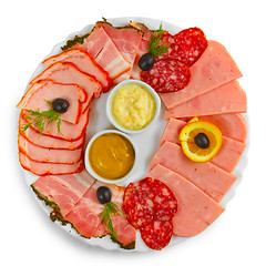 Image showing sliced smoked ham sausage appetizer mustard, horseradish and dil