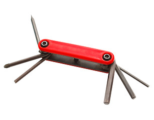 Image showing folding red screwdriver set of tools on white background