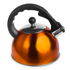 Image showing orange iron yellow kettle kitchen isolated on  white background