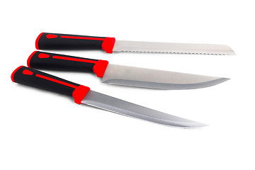 Image showing three red kitchen knife on white (clipping path)