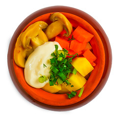 Image showing potatoes stewed meat, mushrooms and carrots and onions in cerami