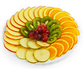 Image showing plate apple a kiwi grapes sliced isolated on white background