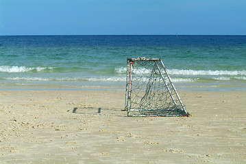 Image showing Empty goal on the beach