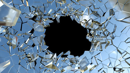 Image showing Bullet hole and pieces of shattered blue glass 